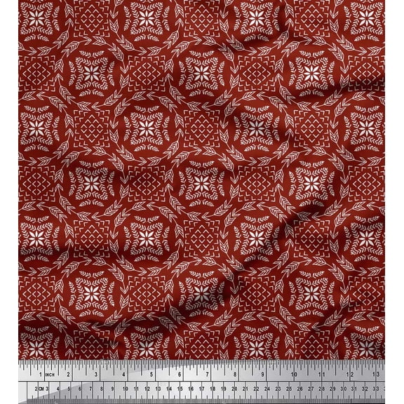 Soimoi Red Cotton Duck Fabric Seamless Damask Print Sewing Fabric Yard 42 Inch Wide