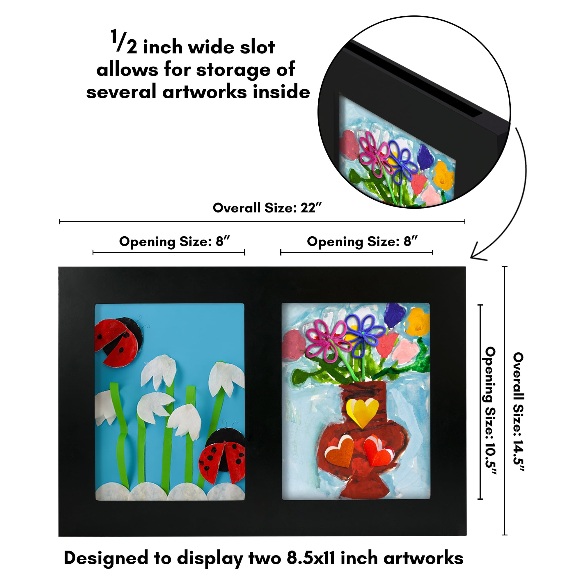 Americanflat 8.5x11 Kids Art Frame Holds Holds 25 Artworks Slide Artworks per Slot Two Openings Storage - Black