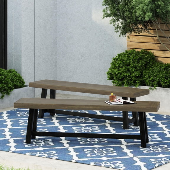 Acacia Wood Outdoor Bench Set of 2 Sandblast Gray and Black Finish Rustic Patio Seating Durable Backyard Furniture for Dining or Conversation