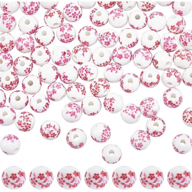 1 caja de 80 cuentas de cerámica rosa con forma de flor, cuentas de porcelana de 10 mm, redondas, grandes, blancas, estampadas, con forma de planta y flor.