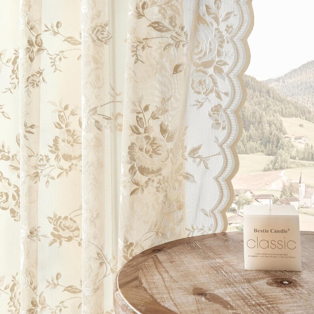 sasyxdc Sage Green Lace Curtains 63 Inch Length 2 Panels Set Country Rustic Floral Lace Curtains for Living Room Bedroom Decor Rod Pocket Light Filtering Vintage Rust Lace Curtains 52x63