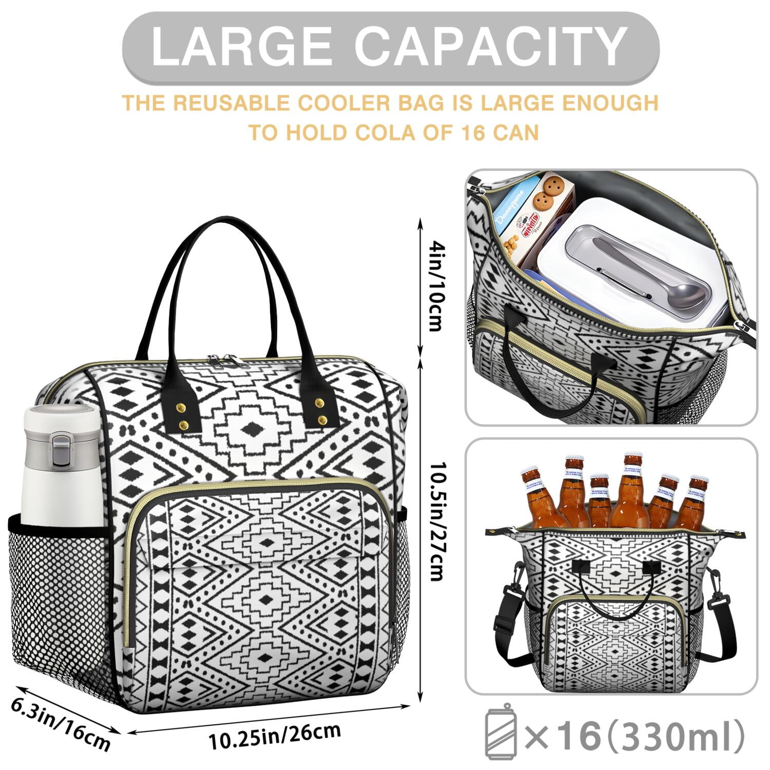 Bohemian Reusable Lunch Tote for Women, Insulated Large Cooler Bag with Retro Style, Dual Compartments & Shoulder Strap for Office, Travel or Gifts