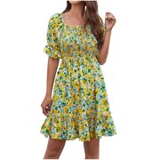 LWZWM Women's 2023 Summer Dress Wrap Dresses Cocktail Dress Short Sleeve Square Collar Floral Mini Valentines Day Dress Anniversary Gift for Her Green S