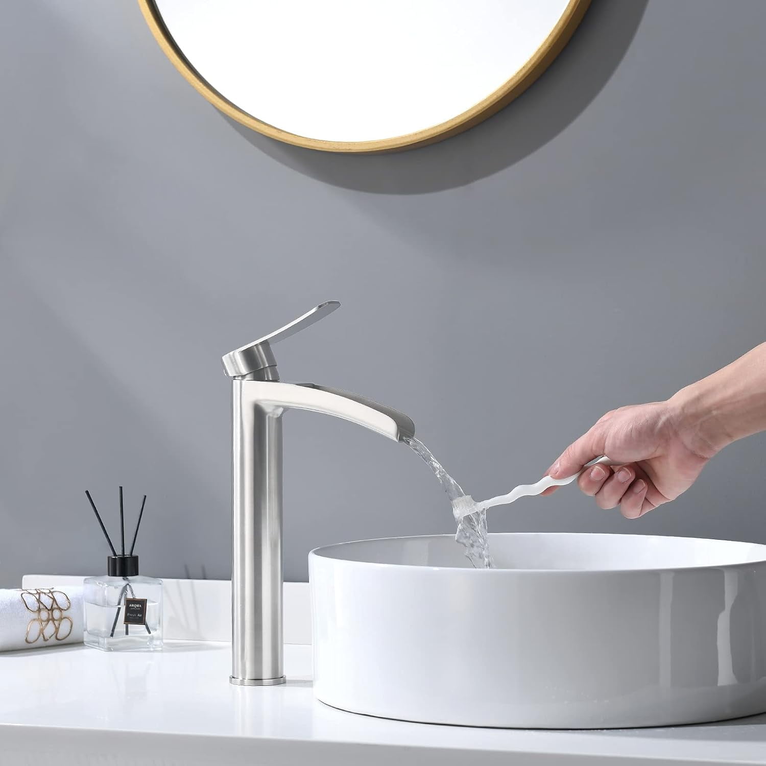 Brushed Nickel Tall Bathroom Vessel Sink Faucet, Single Hole Single Handle Waterfall Modern Bathroom Faucet, with Pop Up Drain and Water Supply Line, NS-SF01-BN-V