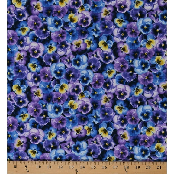 Cotton Pansies Pansy Flowers Floral Purple Blue Yellow Blossoms Cotton Fabric Print by the Yard (PANSY-C7722-PURPLE)