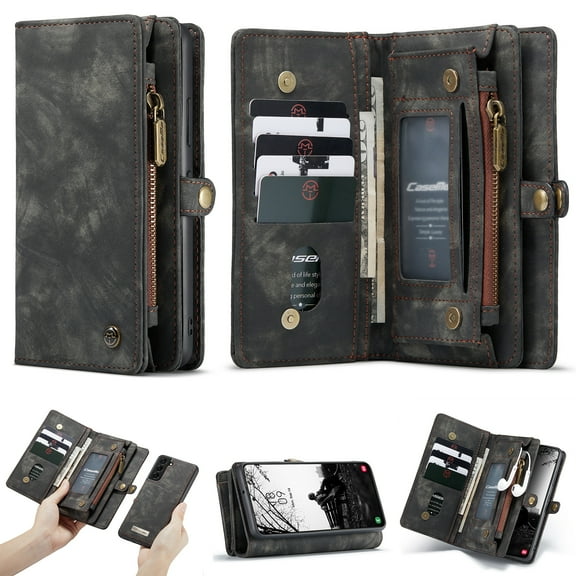 For Samsung Galaxy S22 Plus Wallet Case,Multi-Functional Retro Leather Purse Flip Cover Zipper Wallet Case with Removable Card Slots Pocket & Detachable Wrist Strap Magnetic Phone Case, Black