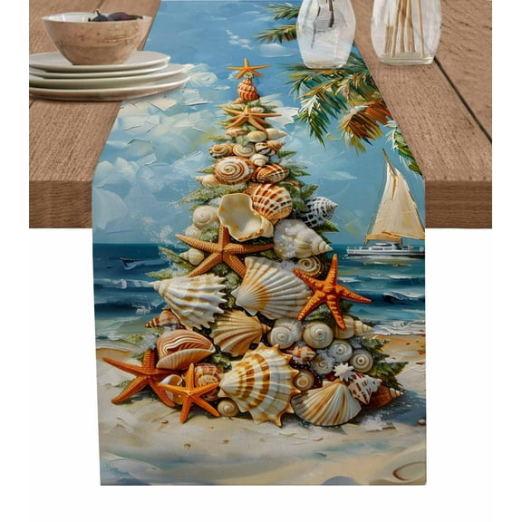 Coastal Christmas Tree Burlap-Cotton Table Runner 48 Inches Long,Nautical Beach Seaside Xmas Farmhouse Table Runners,Outdoor Dining Tablecloths Decor for Baby Shower/Party/Wedding 13x48
