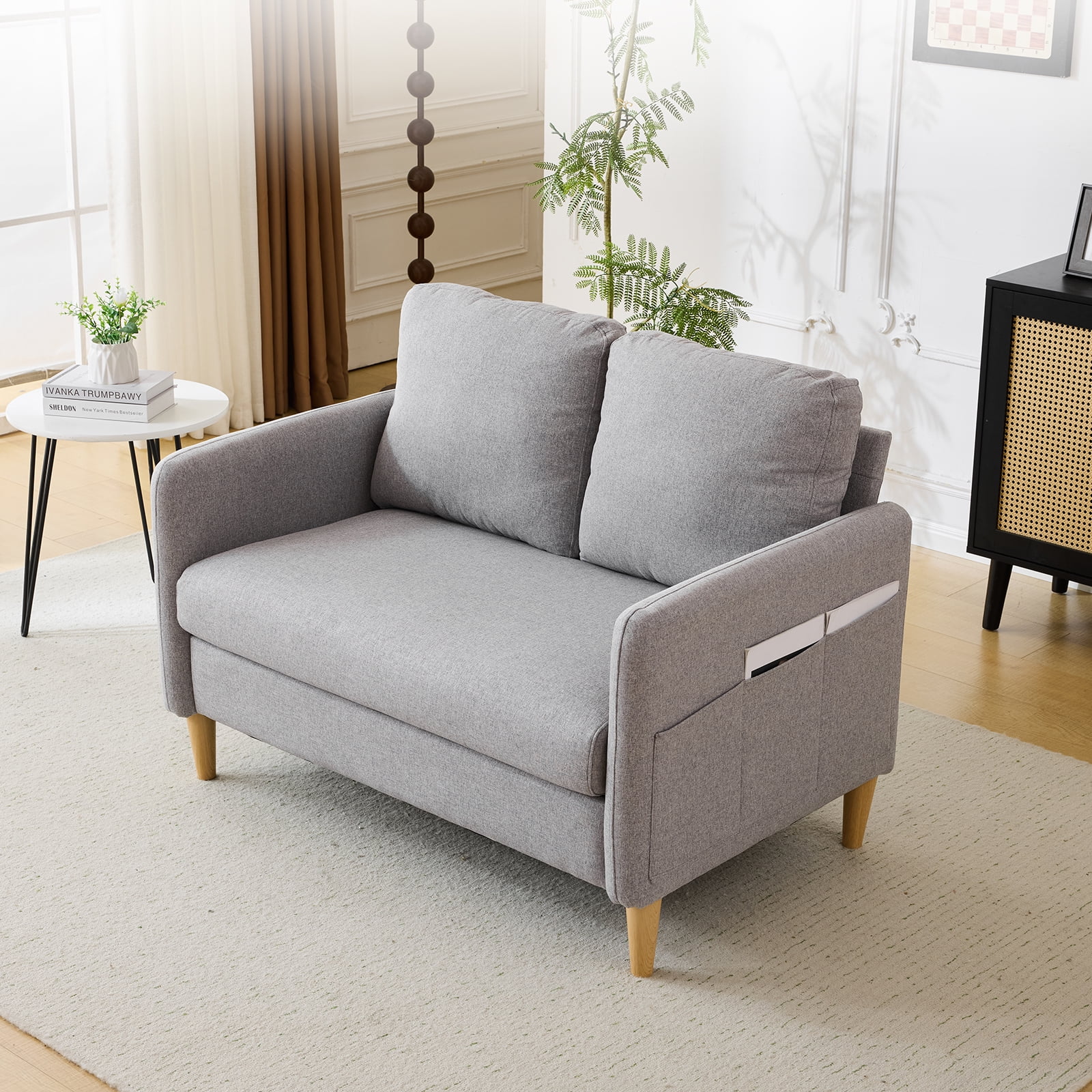 Ktaxon Loveseat Sofa with Side Bags 47" 2-Seat Small Couch with Wood Legs for Living Room Bed Room Light Gray