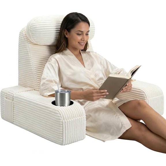 Reading Pillow/Backrest Pillow with Arms, Cup Holder & Phone Pocket | Bed Rest Pillow with Adjustable Headrest, Corduroy Fabric for Back Support in Bed/Sofa/Floor