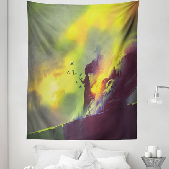 Fantasy Tapestry, Silhouette on the Roof of a House Night Different Worlds Modern Art Illustration, Fabric Wall Hanging Decor for Bedroom Living Room Dorm, 5 Sizes, Yellow Green, by Ambesonne