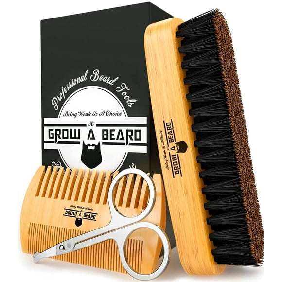 Juego de cepillo para barba para hombres y peine para barba con tijeras para bigote, kit de aseo, cepillo de cerdas de jabalí natural, peine de madera de doble acción y bolsa de viaje, ideal para rega