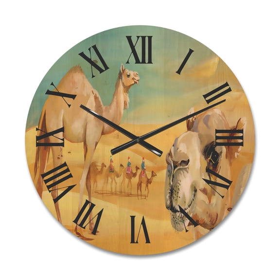 Designart 'Camels In Wild Desert II' Farmhouse Wood Wall Clock