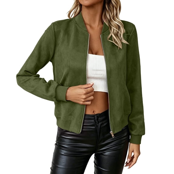 Perfectbot Women's Faux Suede Bomber Jacket Full Zip Casual Fashion Fall Outerwear with Pockets