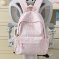 thumbnail image 4 of Stripe School Backpack, Bowknot Embroidery Bag with Drawstring Side Pockets, Lightweight Breathable Bookbag for College Travel (Pink), 4 of 6