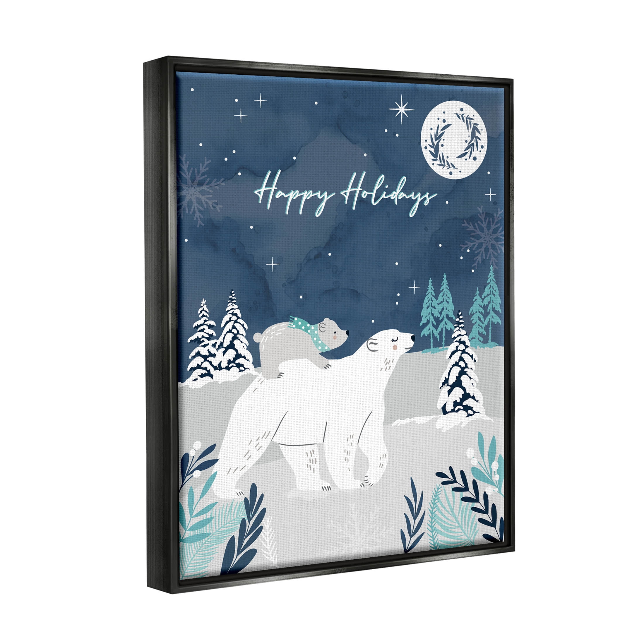 Happy Holidays Winter Snow Bears Holiday Graphic Art Jet Black Framed Art Print Wall Art