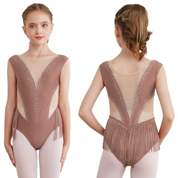 iiniim Kids Girls Figure Ice Skating Dress Tassel Skirted Leotard Rhythmic Gymnastics Competition Costume Dancewear Coffee 12