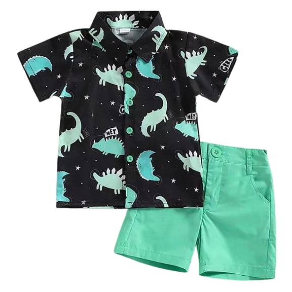 Baby Boy Outfits Dinosaur Print Lapel Short Sleeve Button Shirt Top And Shorts 2 Piece Everyday Wear Boys' Clothing Sets Size 2-3 Years