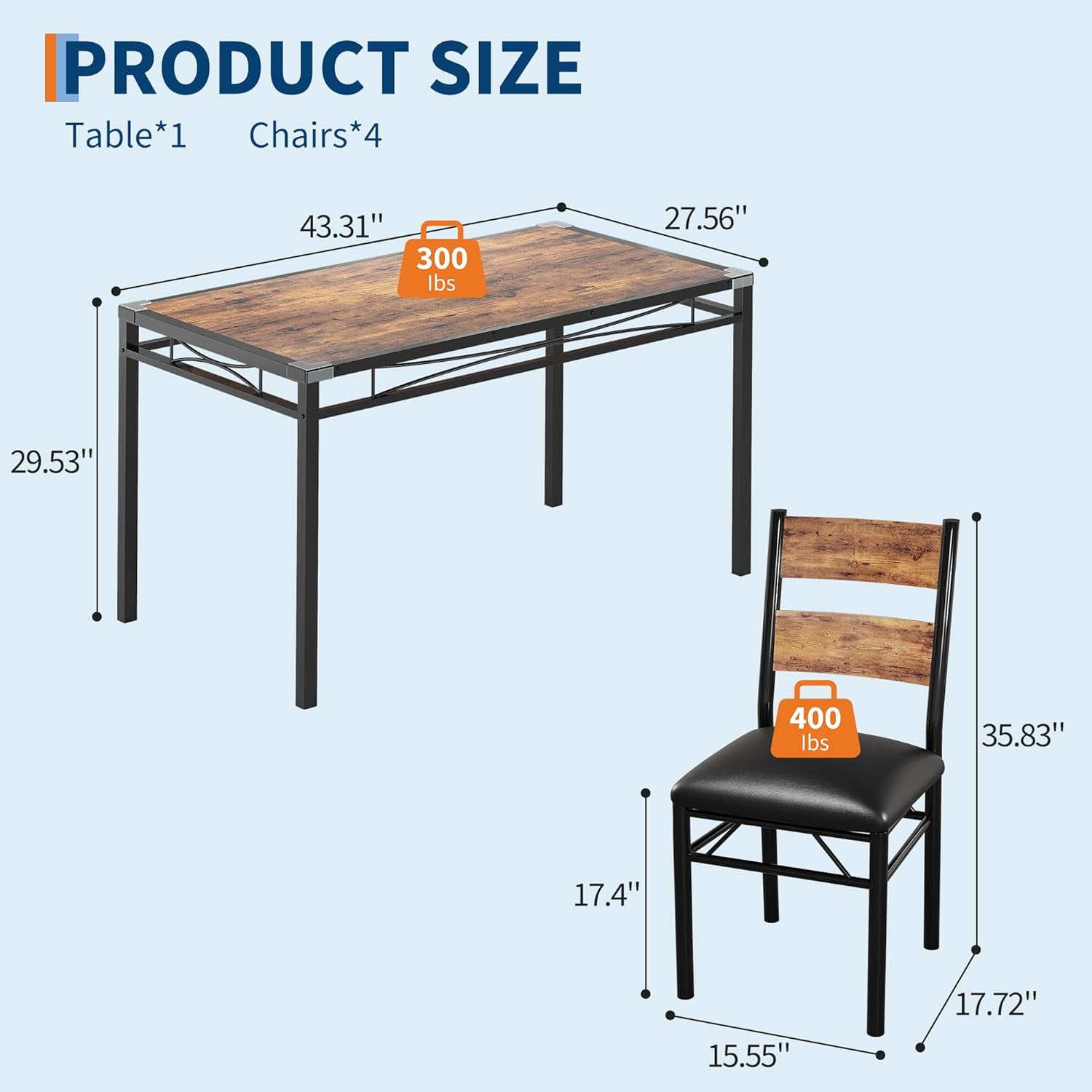 Dining Table Set for 4, Dining Room Table Set for 4 with Upholstered Chairs, Wood Kitchen Table Chairs Set of 4 with Corner Protector for Small Space, Kitchen, Apartment, Rustic Brown