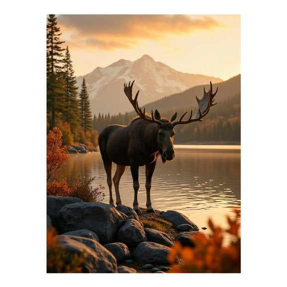 Diamond Art Kits for Adults, Moose In Mountain Lake Sunset 5D Diamond Painting Kits for Adults Beginners, DIY Full Drill Diamond Painting, Gem Art and Crafts 12x16