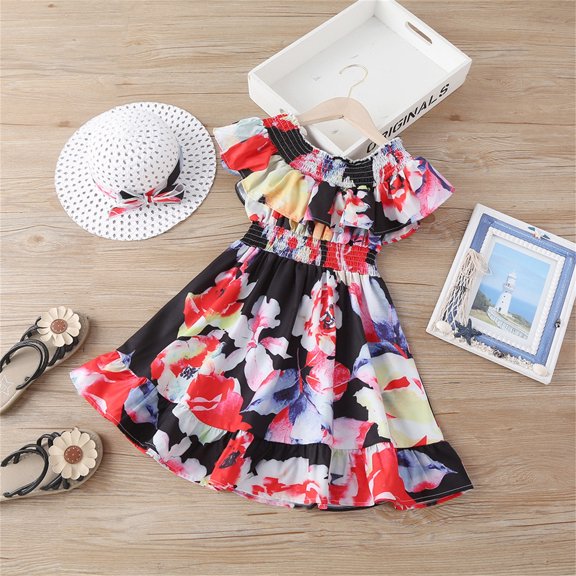 Vedolay Skirts For Girl Girl's 2 Piece Outfit Floral Print Layered Ruffle Sleeve Belted Cami Top and Belted Shorts Set,Black 5-6 Years