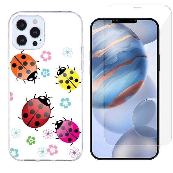 Slim-Fit Protective Phone Case compatible with iPhone 12 Pro Max, with Tempered Glass Screen Protector, by OneToughShield ® - Ladybug