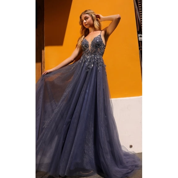 Women's Nox Anabel Q1391 Deep V Back Long Tulle A-line Prom 2026 Dress Light Gray Size 16