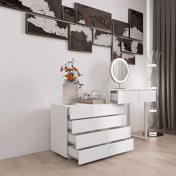 White Extended Desktop 10-Drawer Chest of Drawers, Handleless Vanity Storage Organizer​
