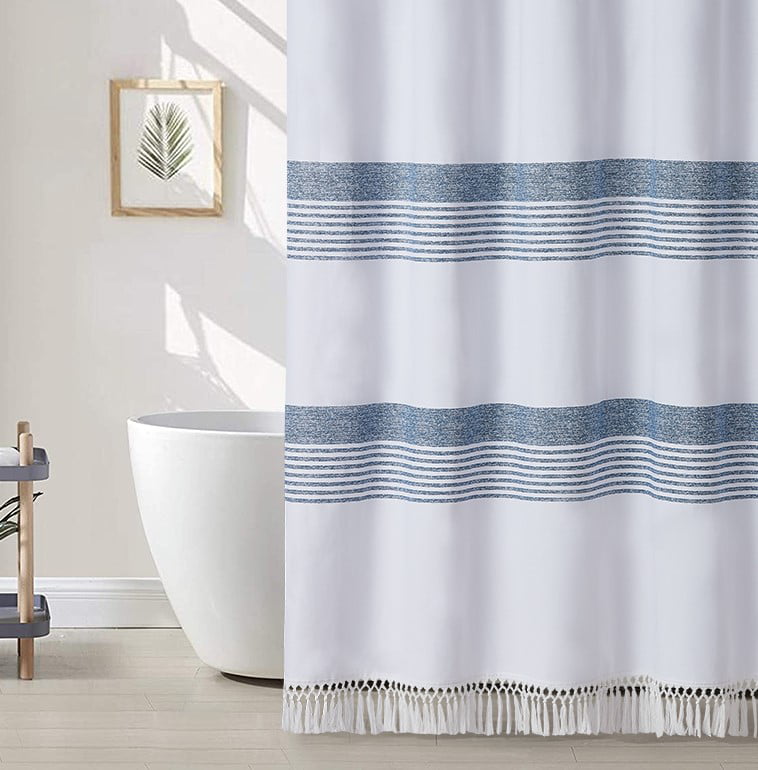 Modern White Farmhouse Shower Curtain with Tassels，Luxury 100% Cotton Shower  Curtain Bathroom Decor,（Grey,72 W x 72 H） 