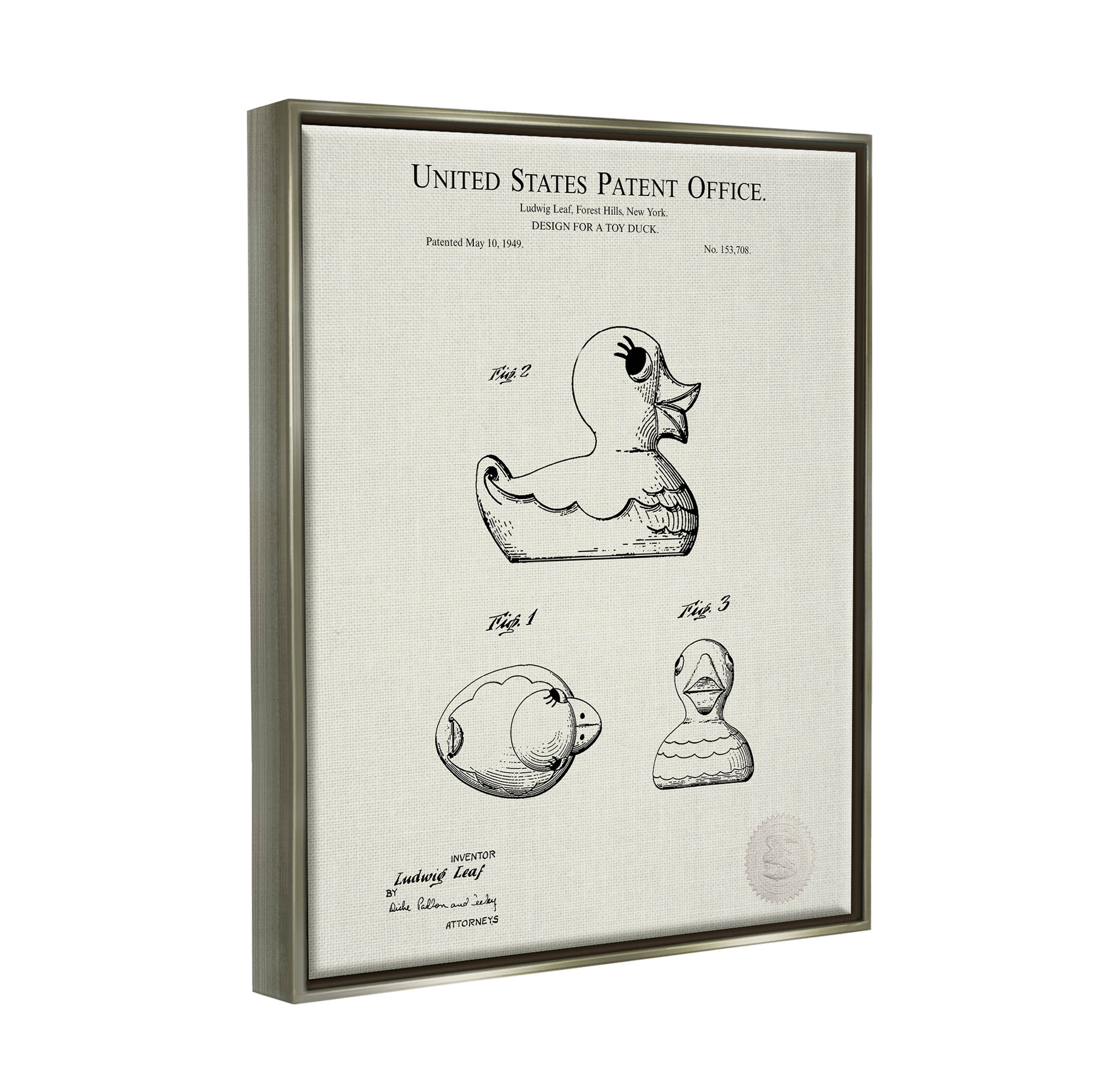 Stupell Industries Vintage Duck Toy Patent Graphic Art Luster Gray Floating Framed Canvas Print Wall Art, Design by Karl Hronek