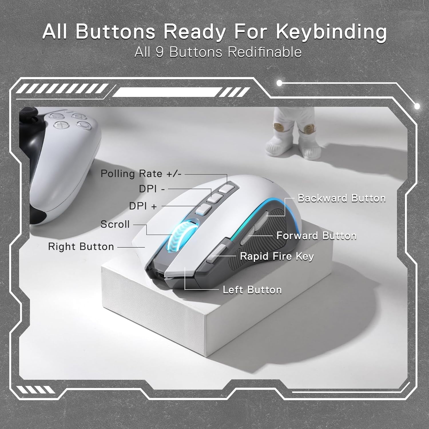 Redragon M612 PRO RGB Gaming Mouse, 8000 DPI BT Wired/Wireless Optical Gamer Mouse 9 Programmable Buttons & 7 Backlit Modes,Software Supports DIY Keybinds Rapid Fire Button,Gray