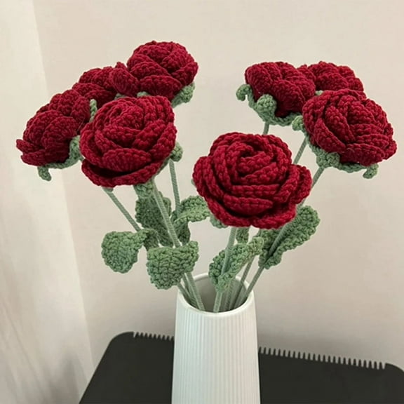 Crochet Flowers Bouquet Handmade Knitted Red Rose Flower Artificial-Fake Flower Wedding Home Decoration