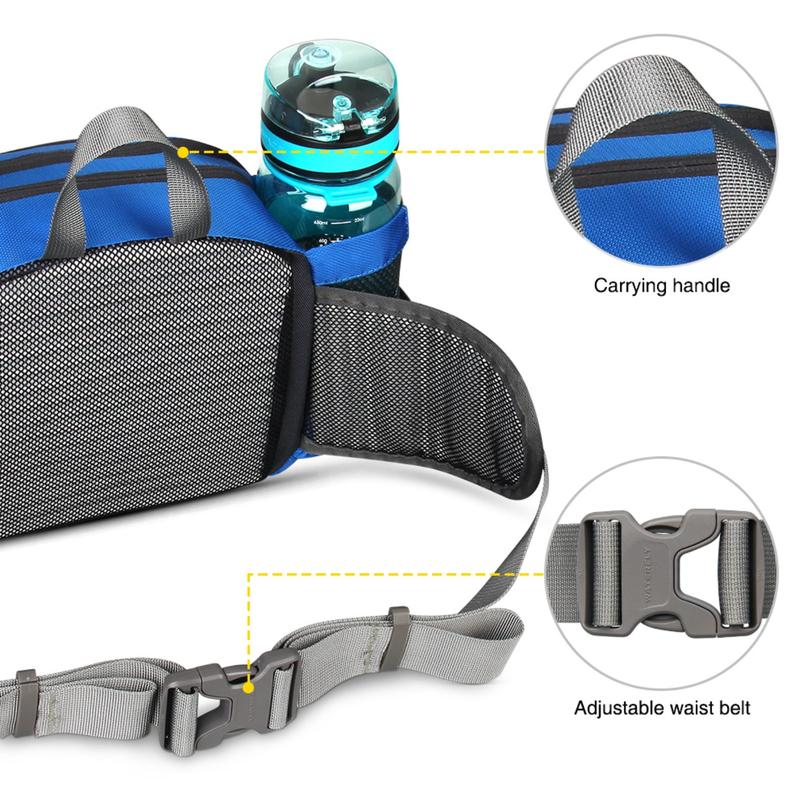 WATERFLY Unisex Large Capacity Hiking with Bottle Holder Nylon Fanny Pack Waist Bag,Blue