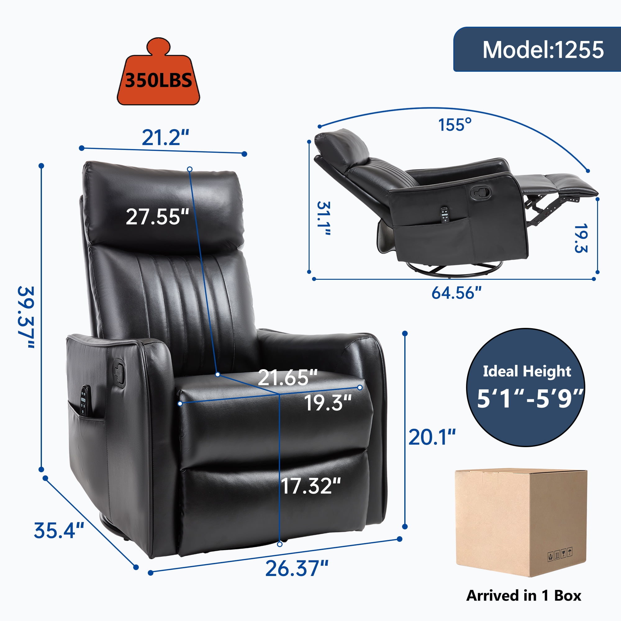 Manual Swivel Rocker Recliner Chair for Adults,Overstuffed Reclining Glider Chair with Vibration Massage & Heat,Upholstered Recliners with Side Pockets for Living Room,Black PU