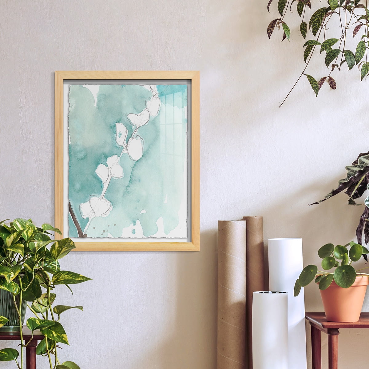 Ginkgo on Dusty Teal V - Framed Print w/glass - Natural Wood