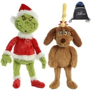 Aurora World Plush Bundle of 2, 18" Grinch Santa, & 18" Max with Antler and Cotton Bag