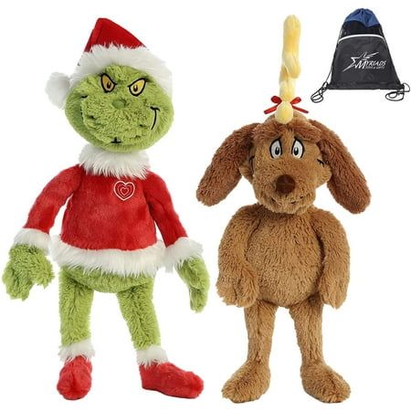 Aurora World Plush Bundle of 2, 18" Grinch Santa, & 18" Max with Antler and Cotton Bag
