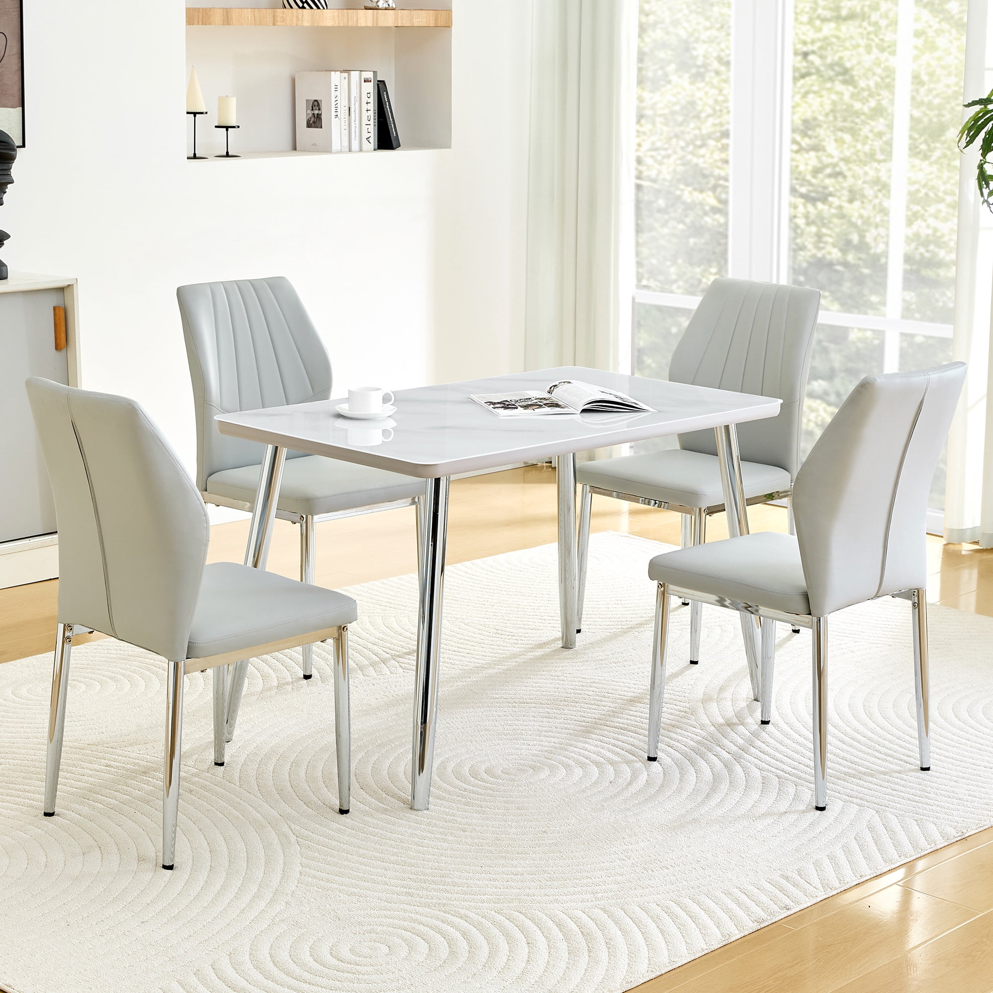 Hi loPres 47" Modern Rectangular Dining Table for Apartments, Faux Marble Tempered Glass Top Kitchen Desk with Stable Silver Metal Legs, Minimalist Style