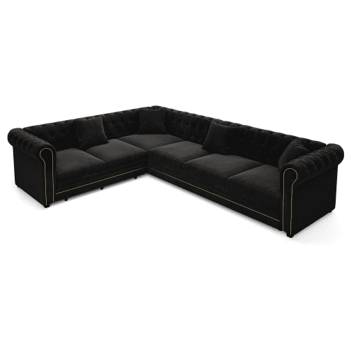 115.3" L-Shaped Velvet Sofa Bed, Button Tufted Pull-Out Sleeper, Gold Trim Rolled Arms, Black