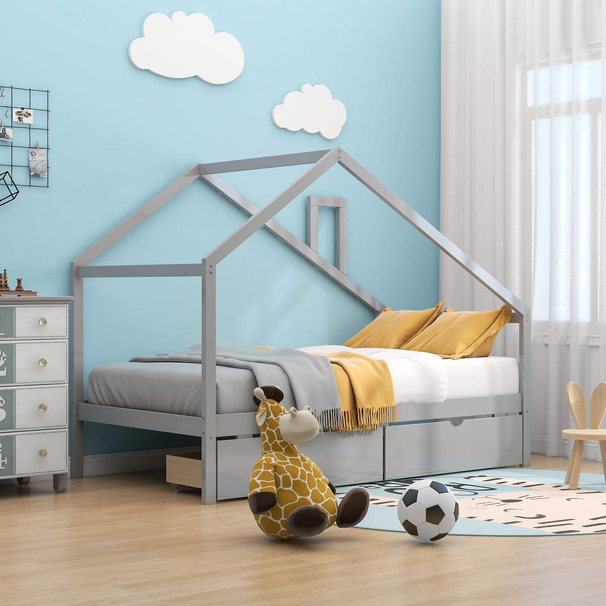 House Twin Size Daybed for Kids, SYNGAR Twin Platform Bed with Roof and Storage Drawers, Space