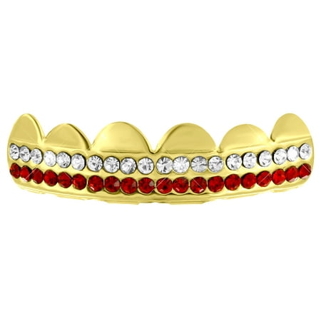 Upper Tooth Grillz 14K Gold Finish 2 Row Red White Lab Created Cubic Zirconias Top Mouth Grills