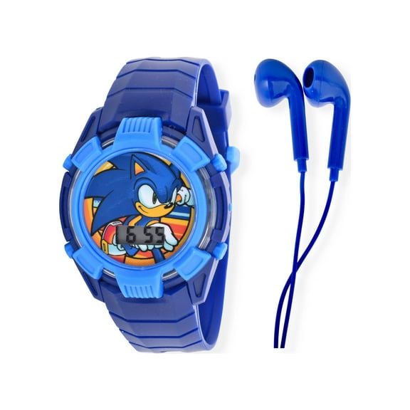 SEGA Sonic the Hedgehog Unisex Flashing LCD Blue Watch with Matching Earbud in Blue 2 Piece Set