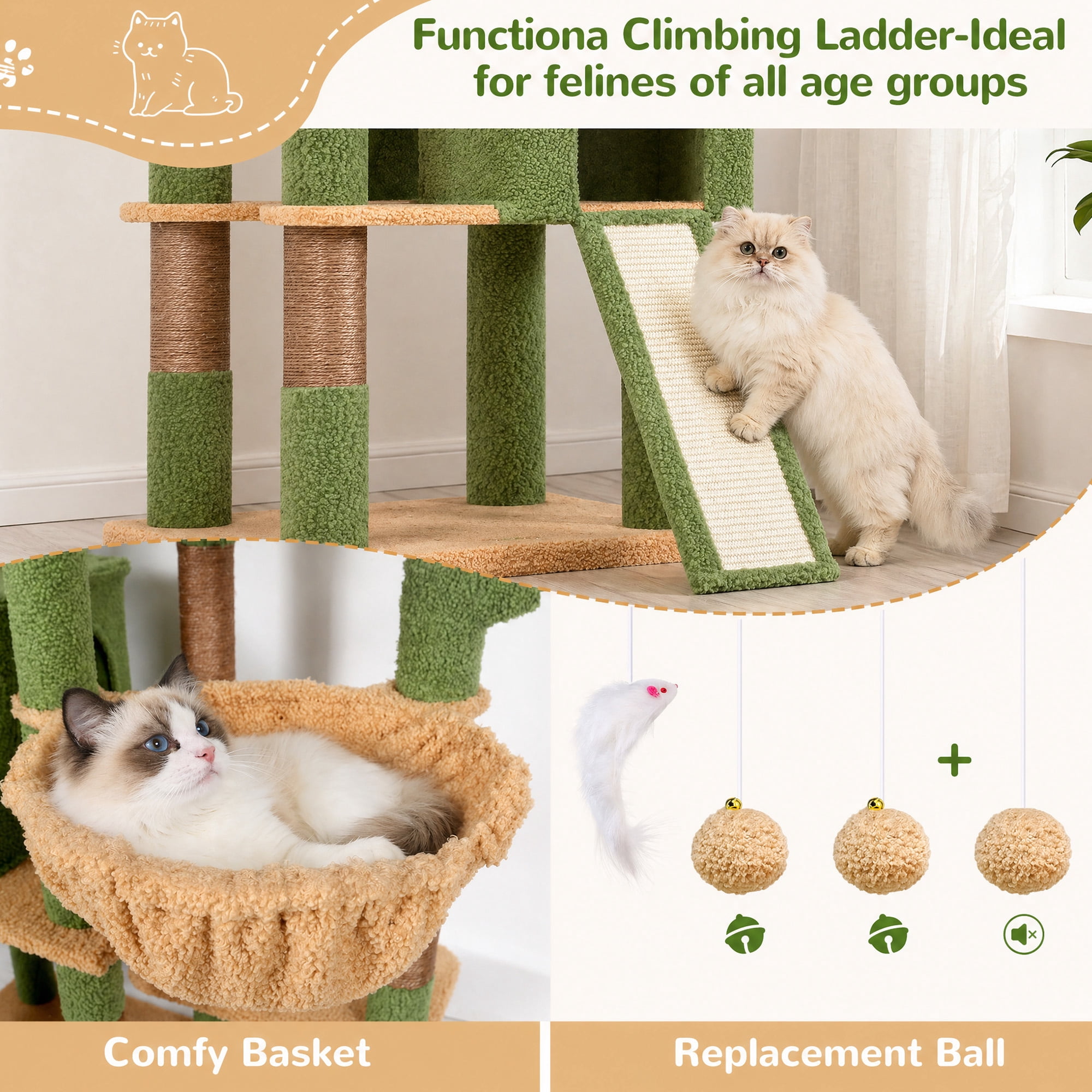 Globlazer 83'' Multi-Level Large Cat Tree Tower for Indoor Cats with Sisal Scratching Post, Hammock & 2 Condos, Green
