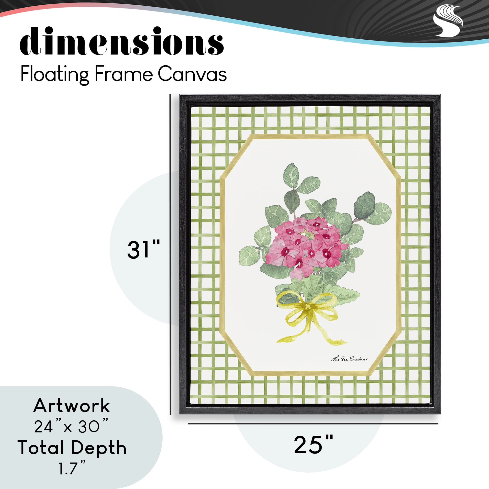 Botanical Story on Grid Pattern Black Framed Floater Canvas Wall Art, design by Lee Ann Sanders