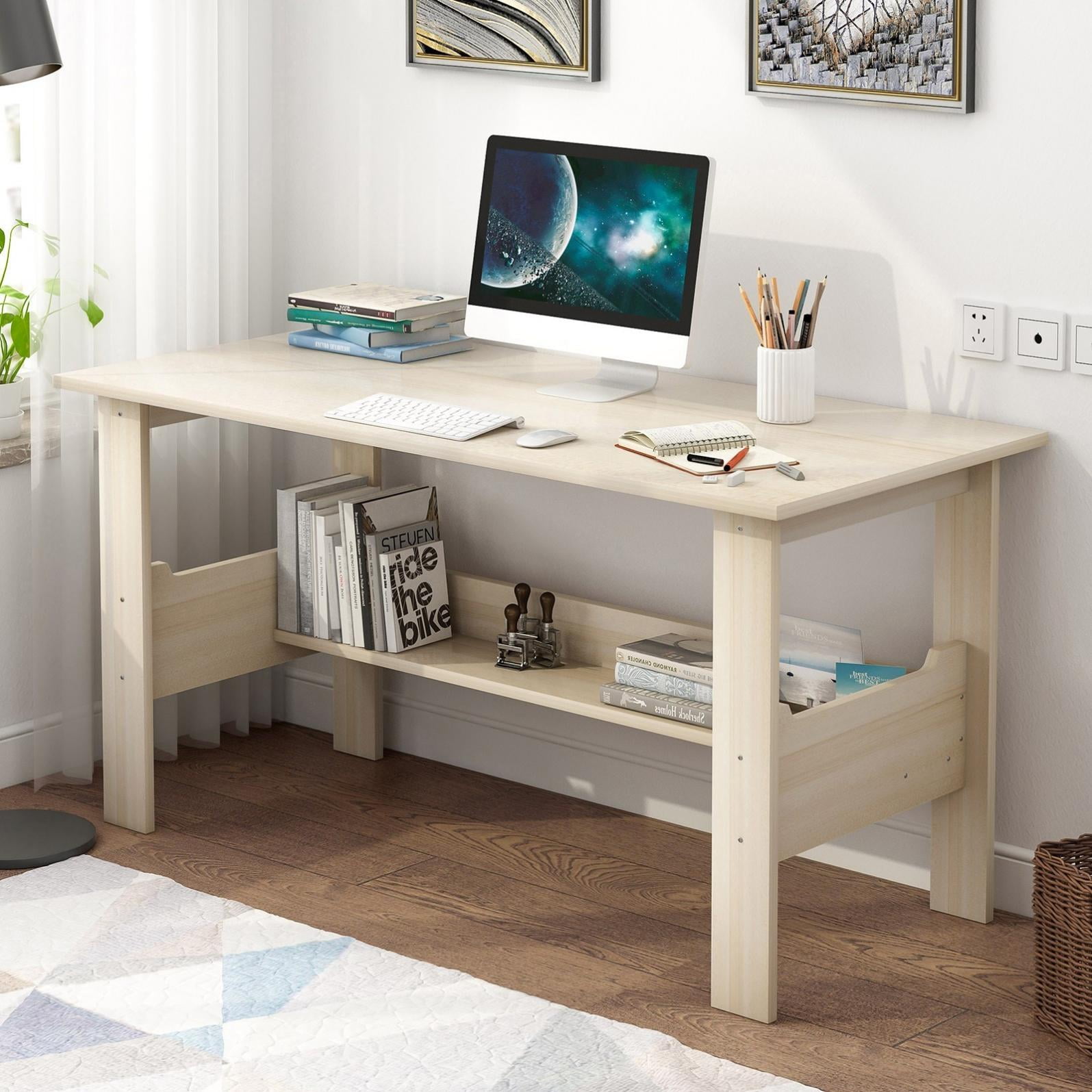 Moonsky Home Desktop Computer Desk Bedroom Laptop Study Table Office Desk with Wooden Storage Shelf  (White, 39inch)