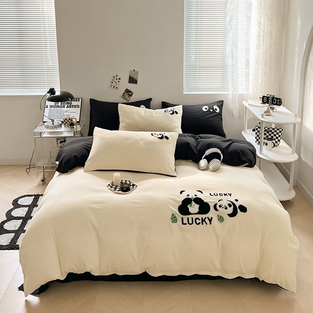 Cute Panda 100% Cotton Bedding Set Kawaii Embroidered Duvet Cover Bed Sheets Set Flat/Fitted Sheet Bed Linen Pillowcase for Kids