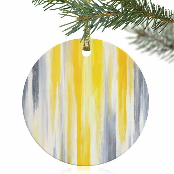 Grey Yellow Abstract Texture Christmas Ceramic Ornament 2025,3" Round Xmas Tree Hanging Accessories with Gold Ribbon,Retro Graffiti Pendant Ornaments for Holiday Gift Home Party Decor