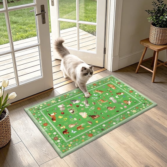 Lecolaco 2’x3' Floral Cat Small Area Rug, Washable Indoor Door Mat, Soft Low-Pile Throw Rugs for Entryway, Kitchen, Green