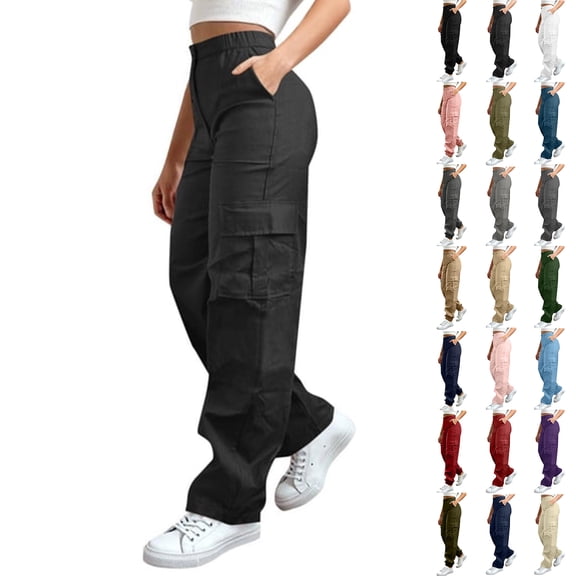 Auralook Cargo Pants for Women with Pockets High Waist Lightweight Stretchy Hiking Casual Streetwear Baggy Wide Leg Long Pants
