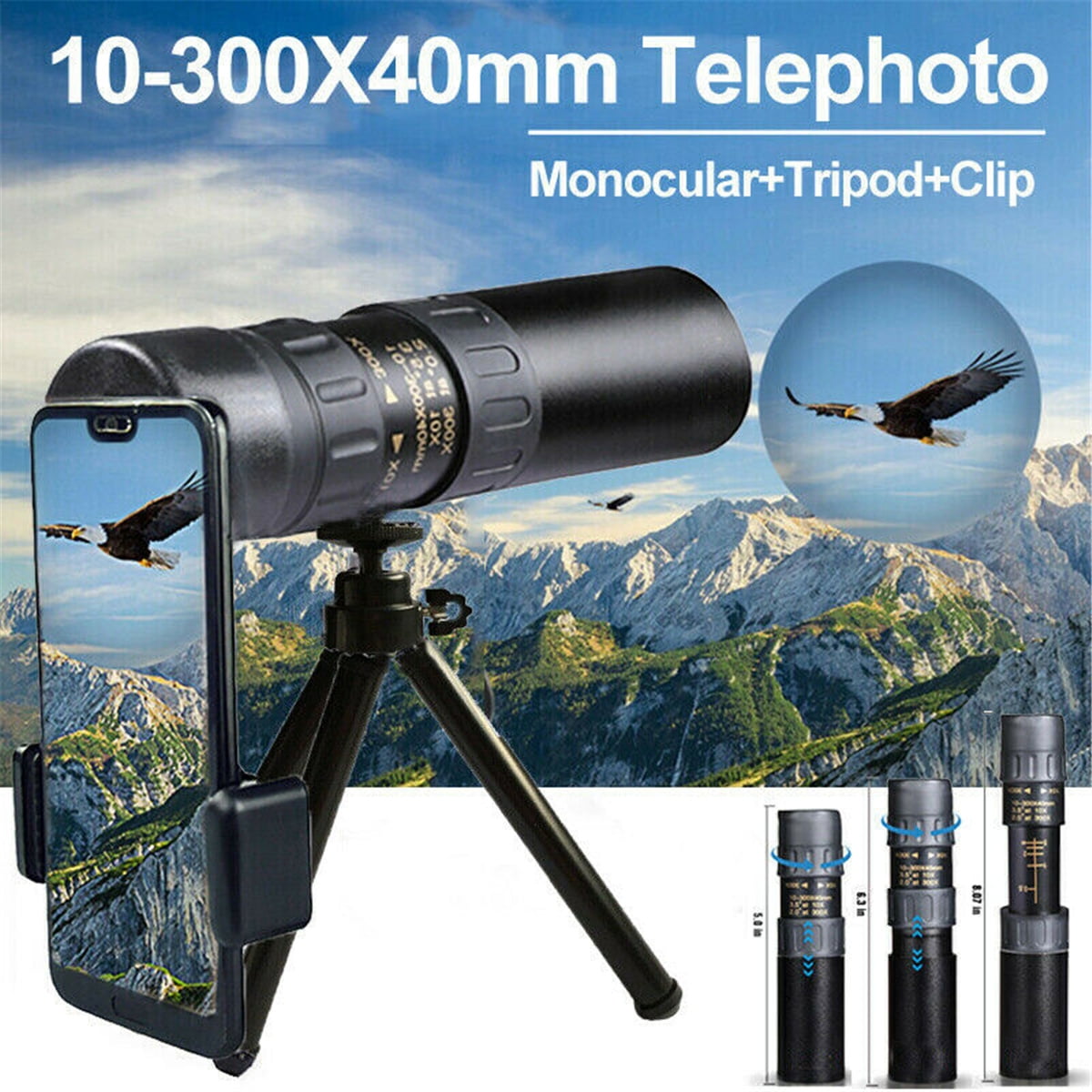 Shockproof Waterproof m·kvfa 4K 10-300X40mm Portable Super Telephoto Zoom Monocular Telescope with Clip Dusproof Metal Tripod 