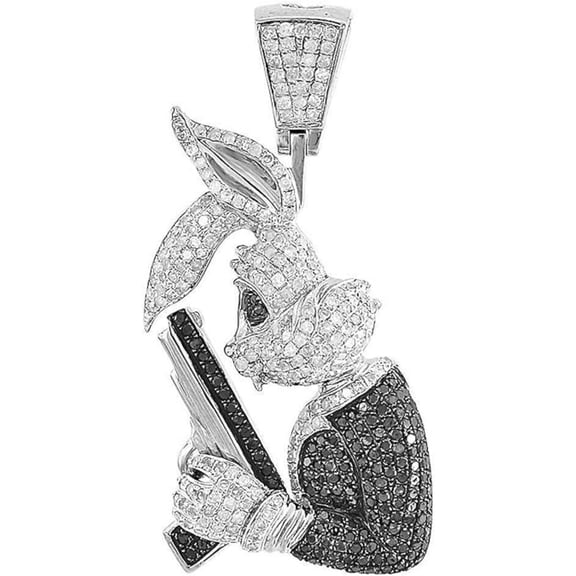 925 Sterling Silver 14K White Gold Finish Round Cut White & Black Diamond Bunny Animal Charm 2 Inch Pendant For Men's